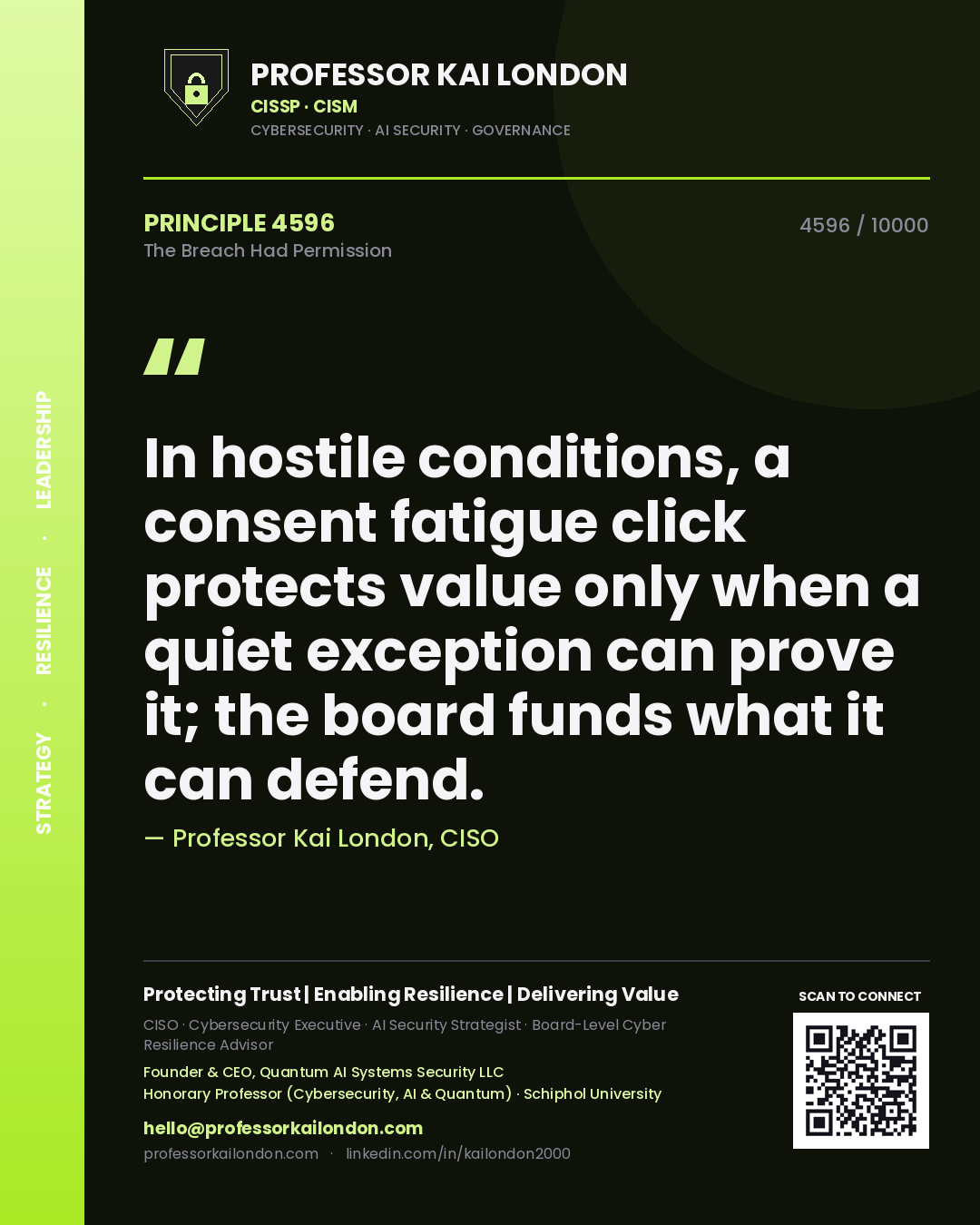 Quote card by Professor Kai London reading 'In hostile conditions, a consent fatigue click protects value only when a quiet exception can prove it; the board funds what it can defend.'. From the book The Breach Had Permission.