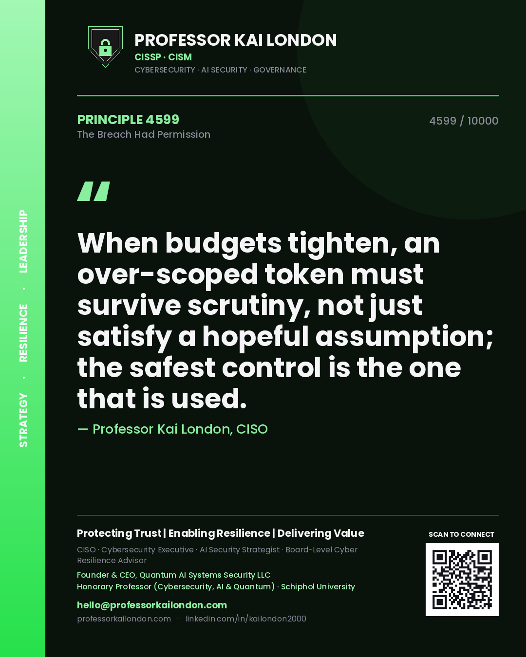 Professor Kai London principle 4599: When budgets tighten, an over-scoped token must survive scrutiny, not just satisfy a hopeful assumption; the safest control is the one that is used.