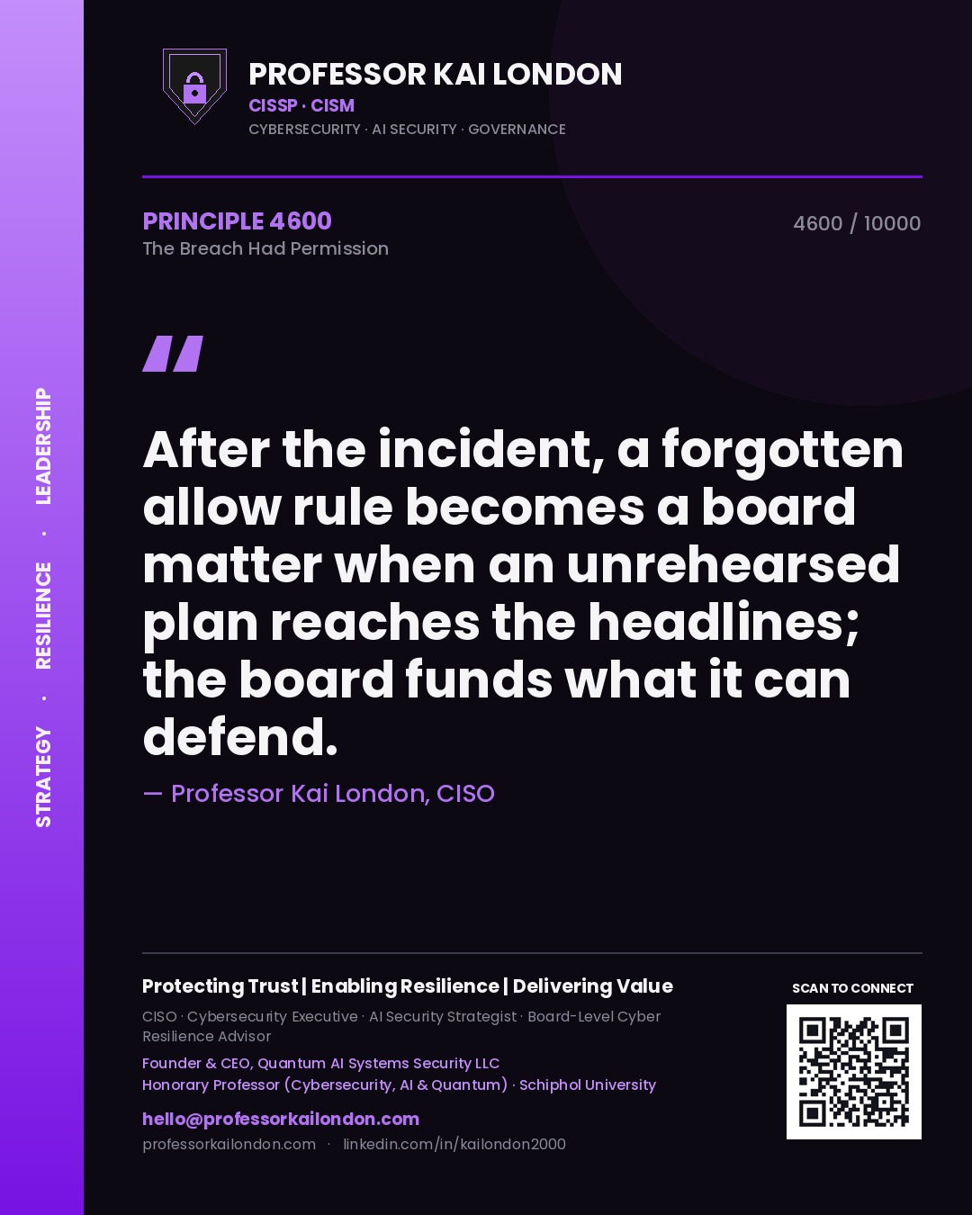 Professor Kai London principle 4600: After the incident, a forgotten allow rule becomes a board matter when an unrehearsed plan reaches the headlines; the board funds what it can defend.