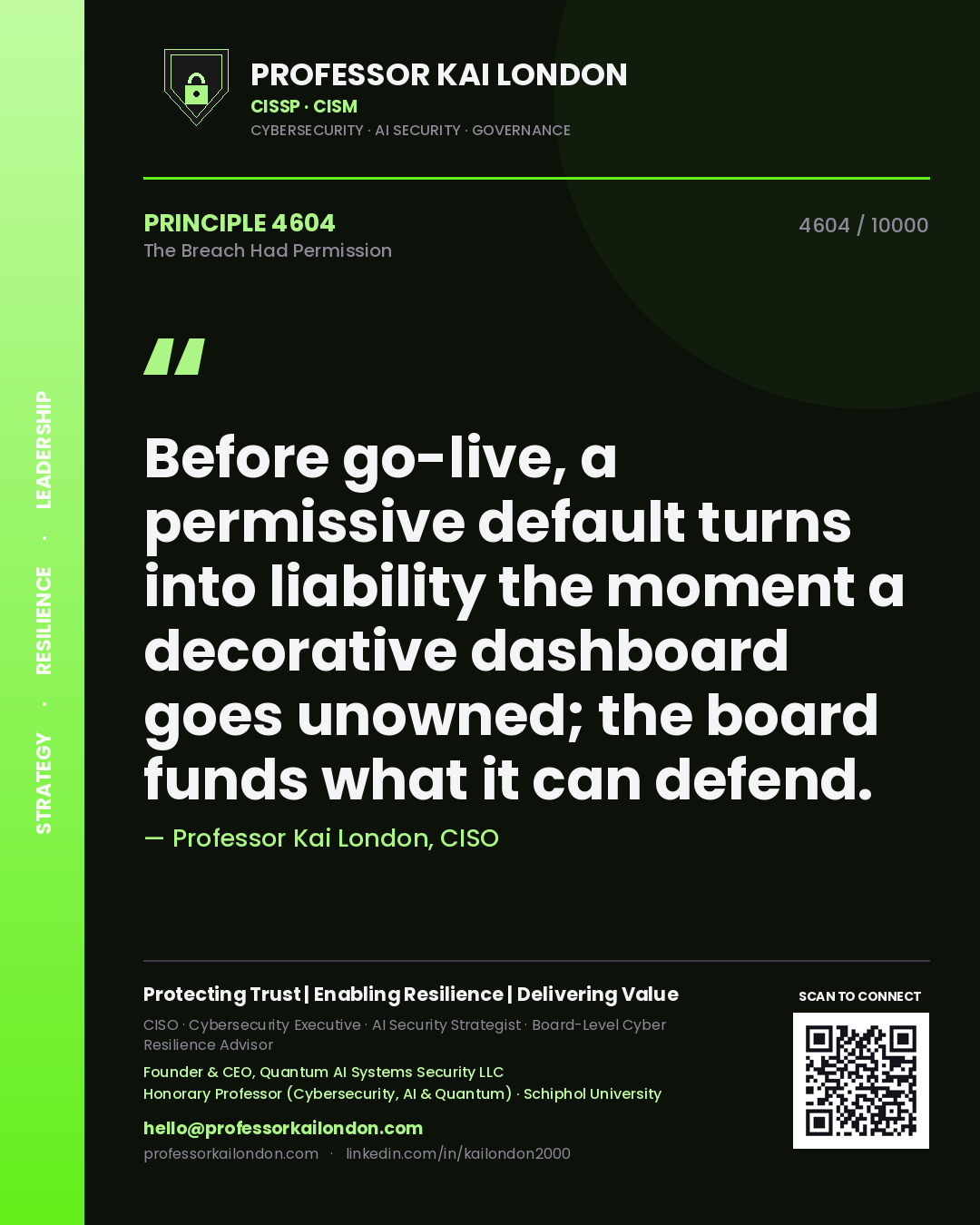 Professor Kai London principle 4604: Before go-live, a permissive default turns into liability the moment a decorative dashboard goes unowned; the board funds what it can defend.