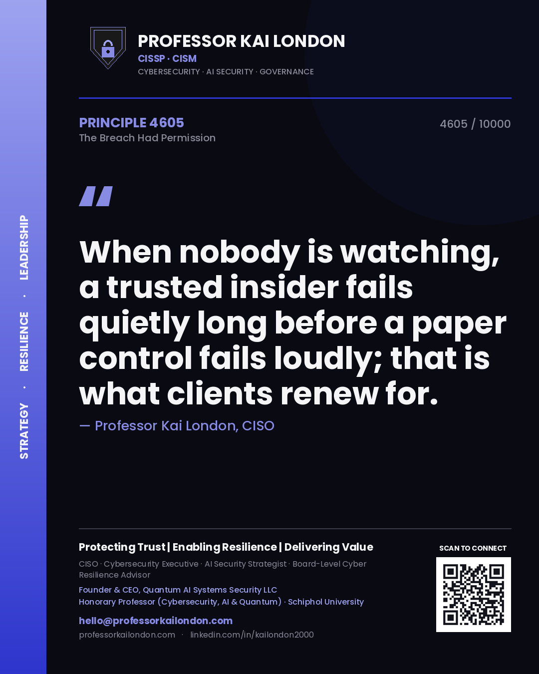 Professor Kai London principle 4605: When nobody is watching, a trusted insider fails quietly long before a paper control fails loudly; that is what clients renew for.