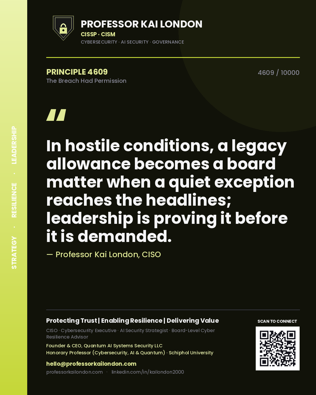 Quote card by Professor Kai London reading 'In hostile conditions, a legacy allowance becomes a board matter when a quiet exception reaches the headlines; leadership is proving it before it is demanded.'. From the book The Breach Had Permission.