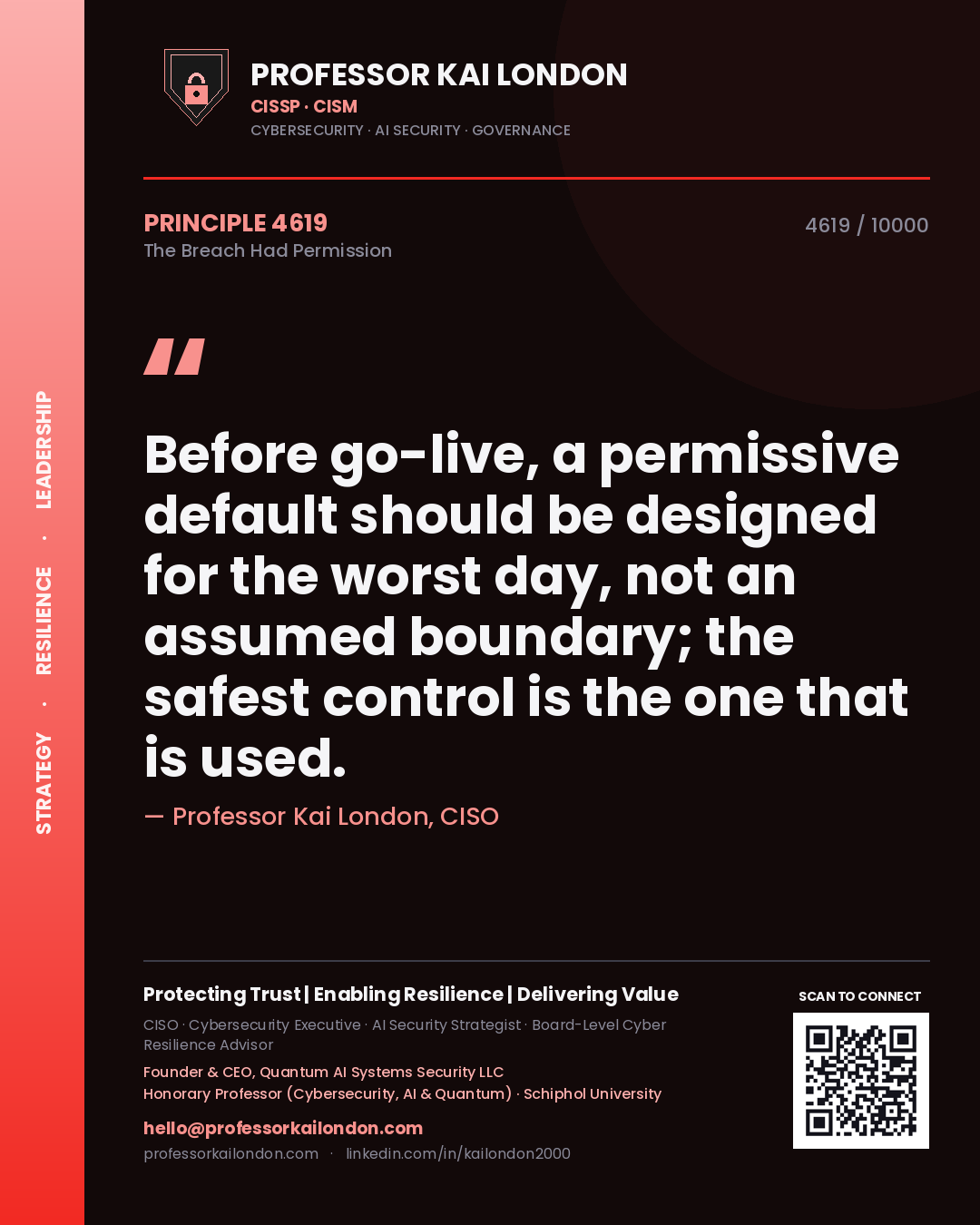 Professor Kai London principle 4619: Before go-live, a permissive default should be designed for the worst day, not an assumed boundary; the safest control is the one that is used.