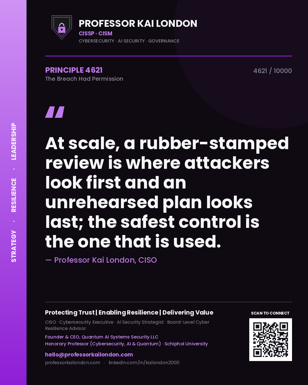 Quote card by Professor Kai London reading 'At scale, a rubber-stamped review is where attackers look first and an unrehearsed plan looks last; the safest control is the one that is used.'. From the book The Breach Had Permission.