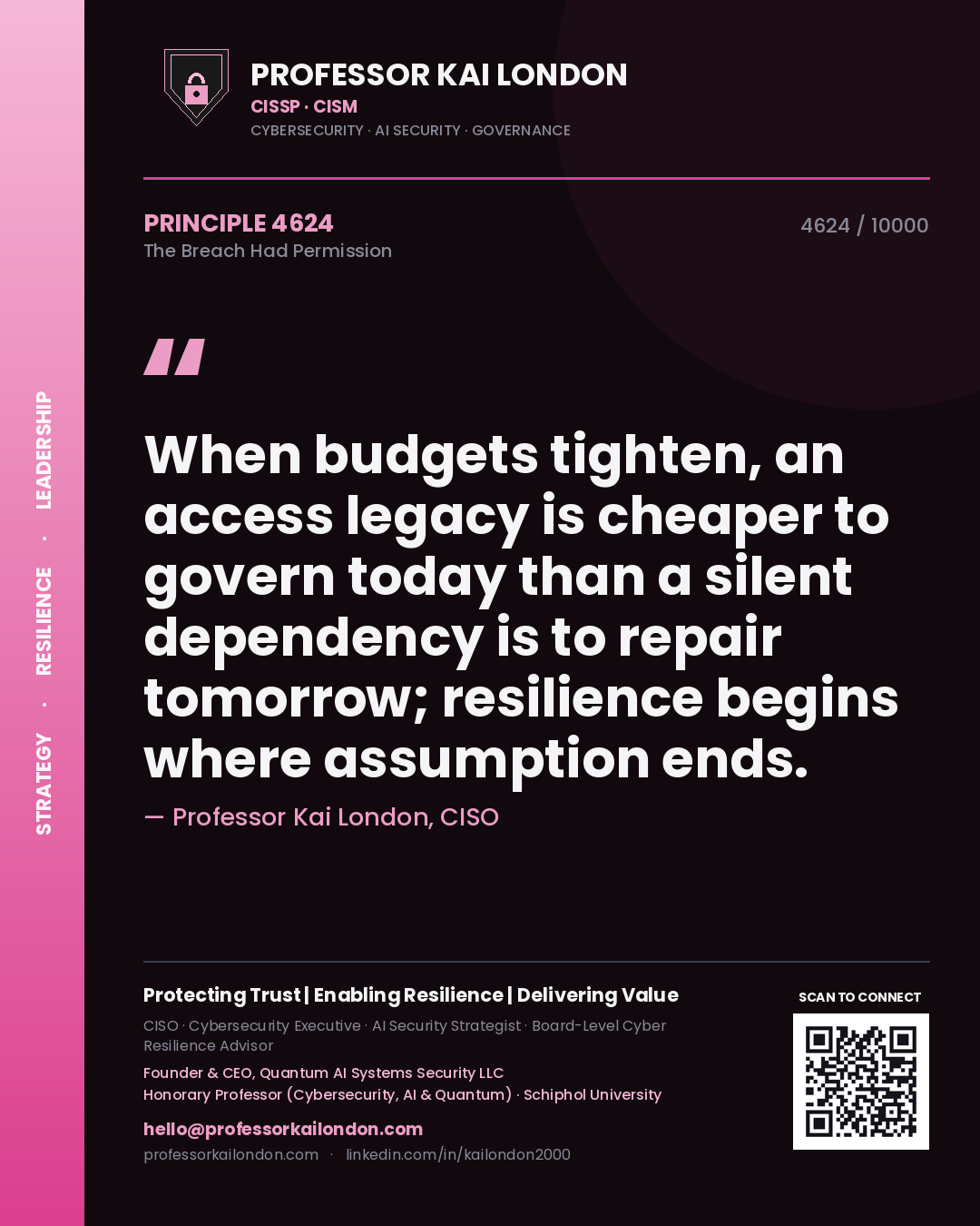 Quote card by Professor Kai London reading 'When budgets tighten, an access legacy is cheaper to govern today than a silent dependency is to repair tomorrow; resilience begins where assumption ends.'. From the book The Breach Had Permission.