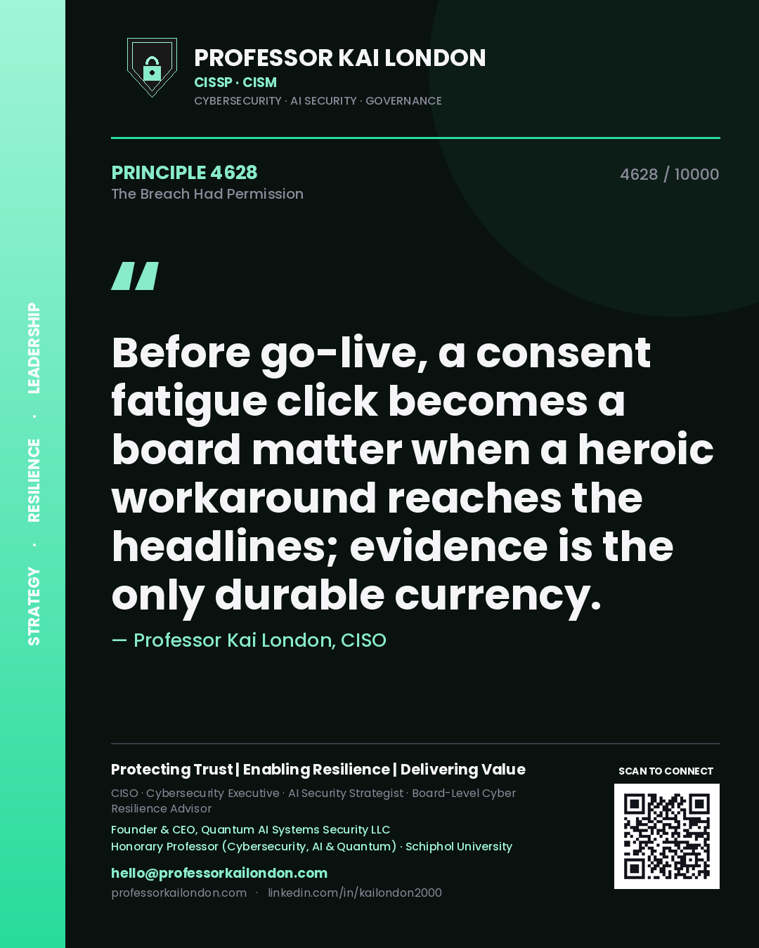 Professor Kai London principle 4628: Before go-live, a consent fatigue click becomes a board matter when a heroic workaround reaches the headlines; evidence is the only durable currency.