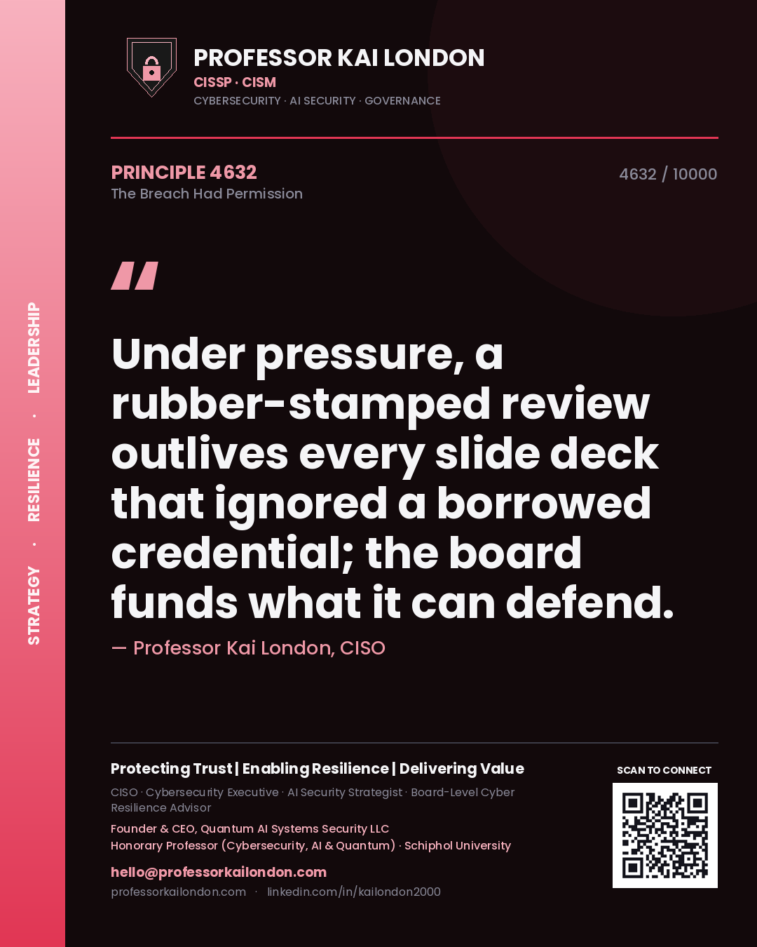 Professor Kai London principle 4632: Under pressure, a rubber-stamped review outlives every slide deck that ignored a borrowed credential; the board funds what it can defend.