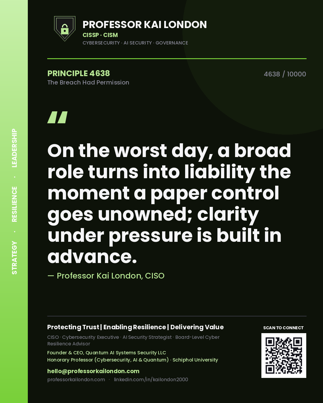 Quote card by Professor Kai London reading 'On the worst day, a broad role turns into liability the moment a paper control goes unowned; clarity under pressure is built in advance.'. From the book The Breach Had Permission.