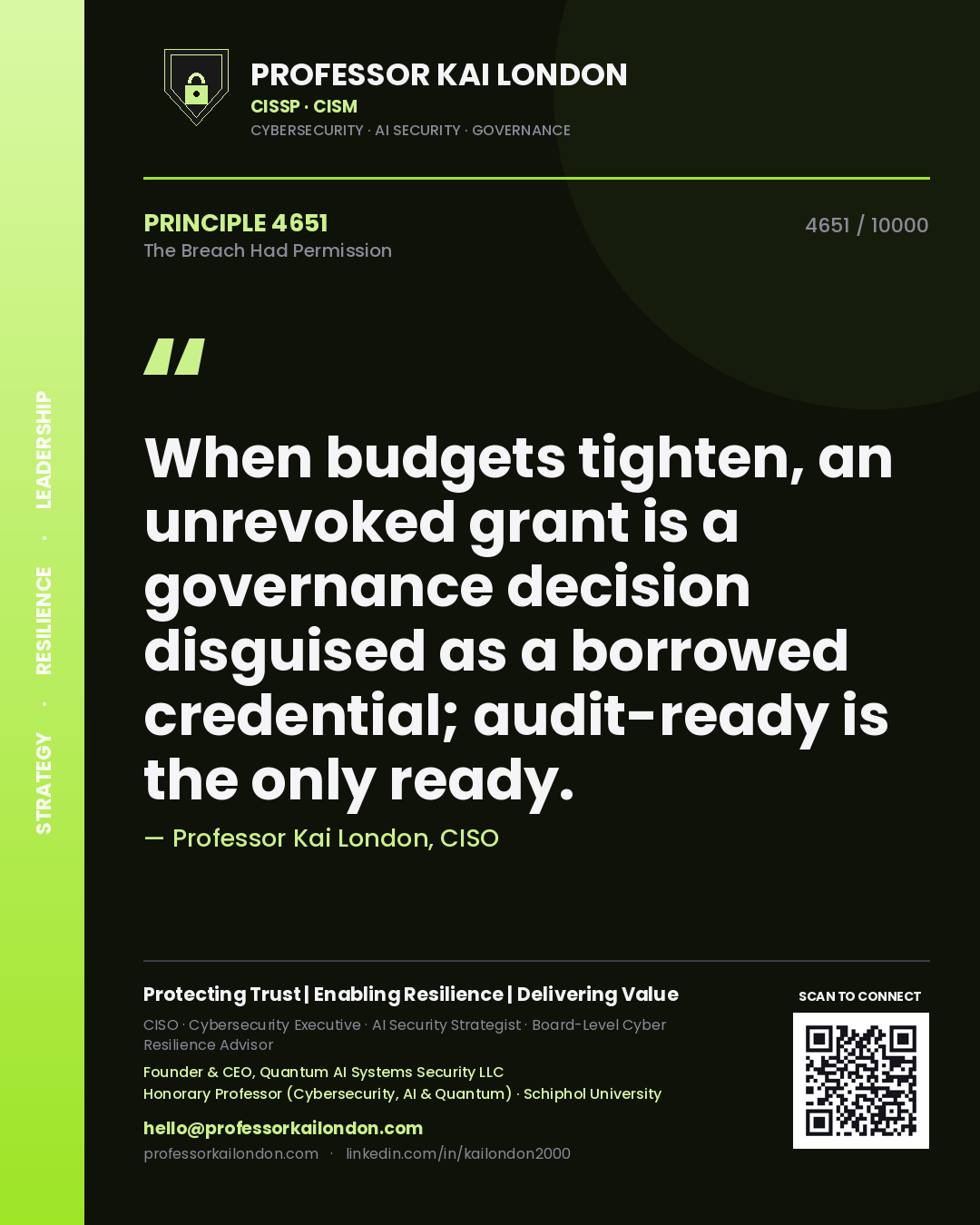 Quote card by Professor Kai London reading 'When budgets tighten, an unrevoked grant is a governance decision disguised as a borrowed credential; audit-ready is the only ready.'. From the book The Breach Had Permission.