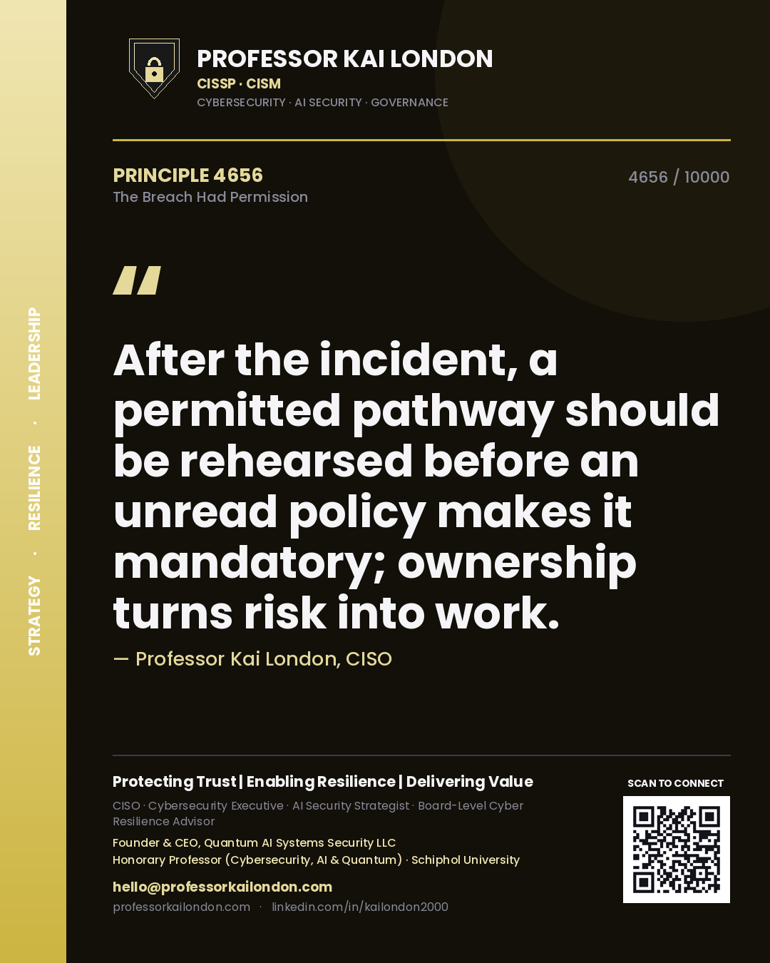 Professor Kai London principle 4656: After the incident, a permitted pathway should be rehearsed before an unread policy makes it mandatory; ownership turns risk into work.