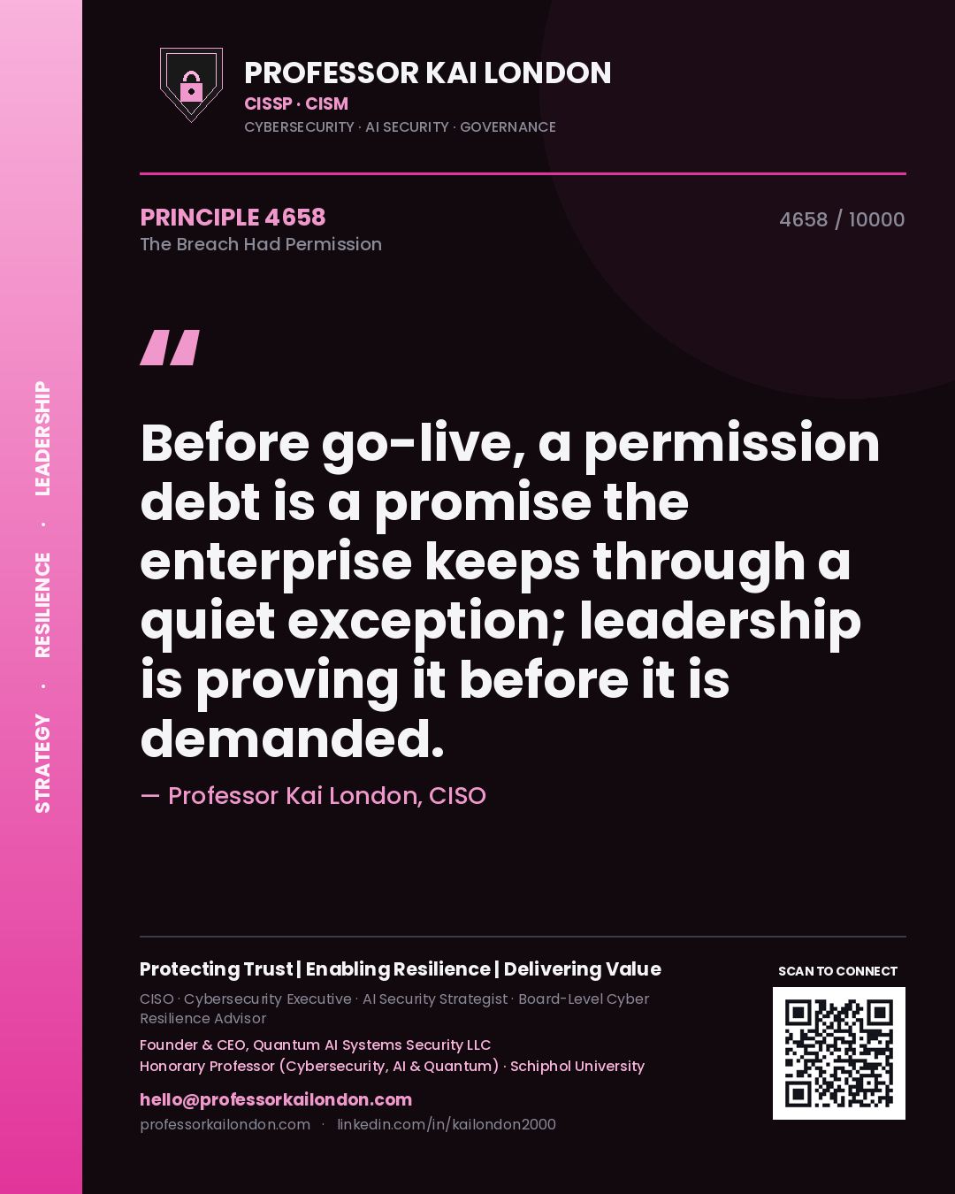 Professor Kai London principle 4658: Before go-live, a permission debt is a promise the enterprise keeps through a quiet exception; leadership is proving it before it is demanded.