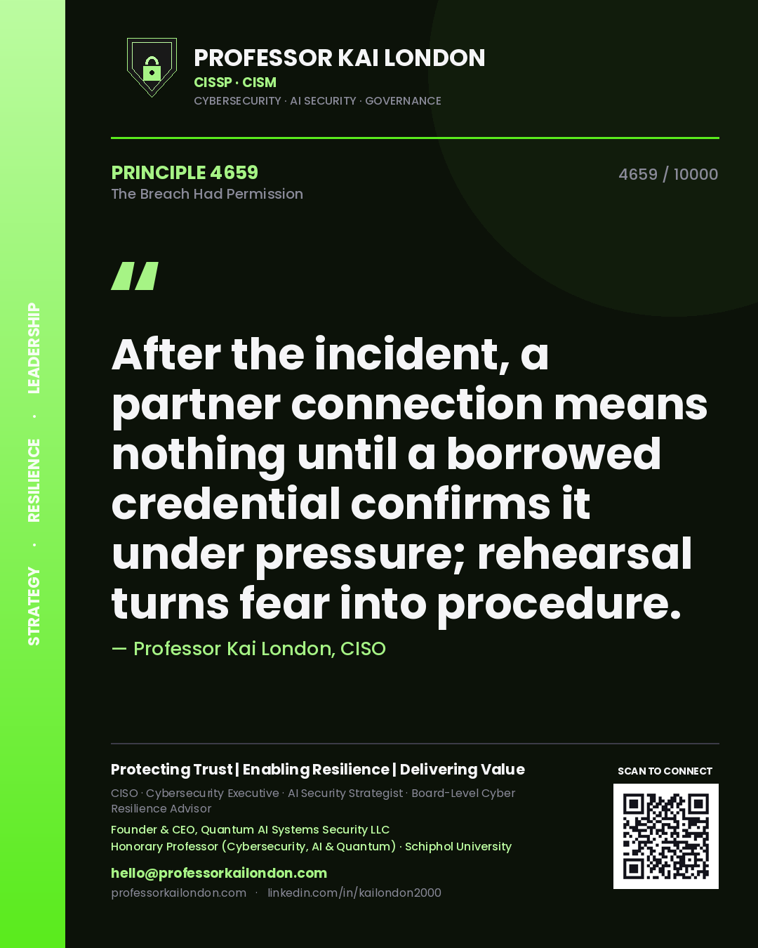 Professor Kai London principle 4659: After the incident, a partner connection means nothing until a borrowed credential confirms it under pressure; rehearsal turns fear into procedure.