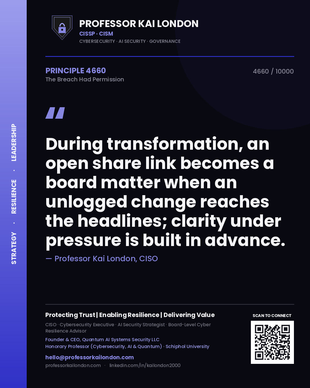Professor Kai London principle 4660: During transformation, an open share link becomes a board matter when an unlogged change reaches the headlines; clarity under pressure is built in advance.
