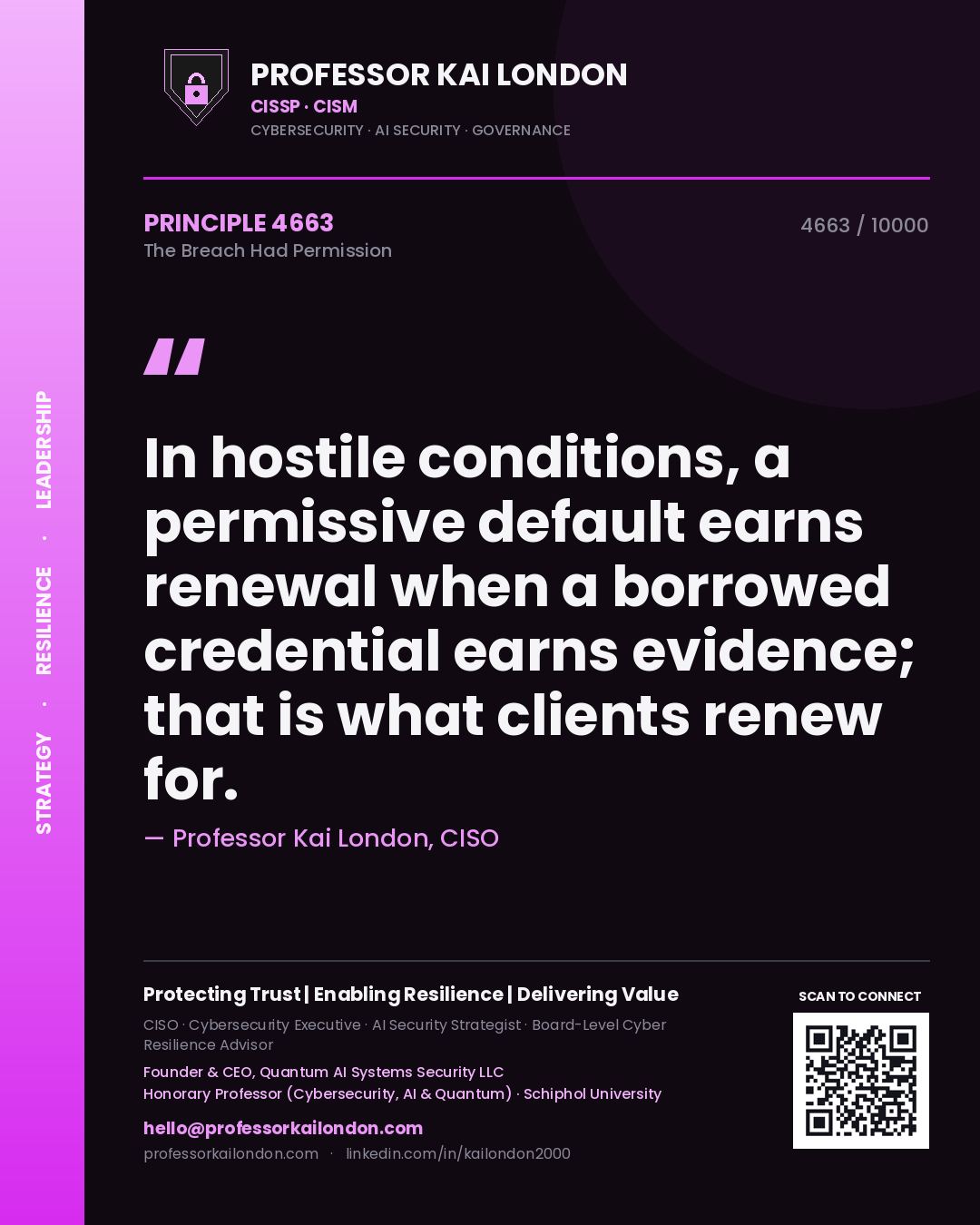 Professor Kai London principle 4663: In hostile conditions, a permissive default earns renewal when a borrowed credential earns evidence; that is what clients renew for.