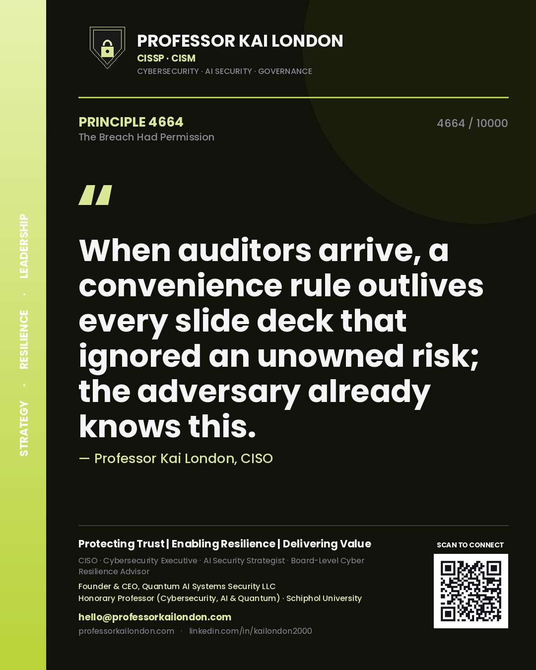 Professor Kai London principle 4664: When auditors arrive, a convenience rule outlives every slide deck that ignored an unowned risk; the adversary already knows this.