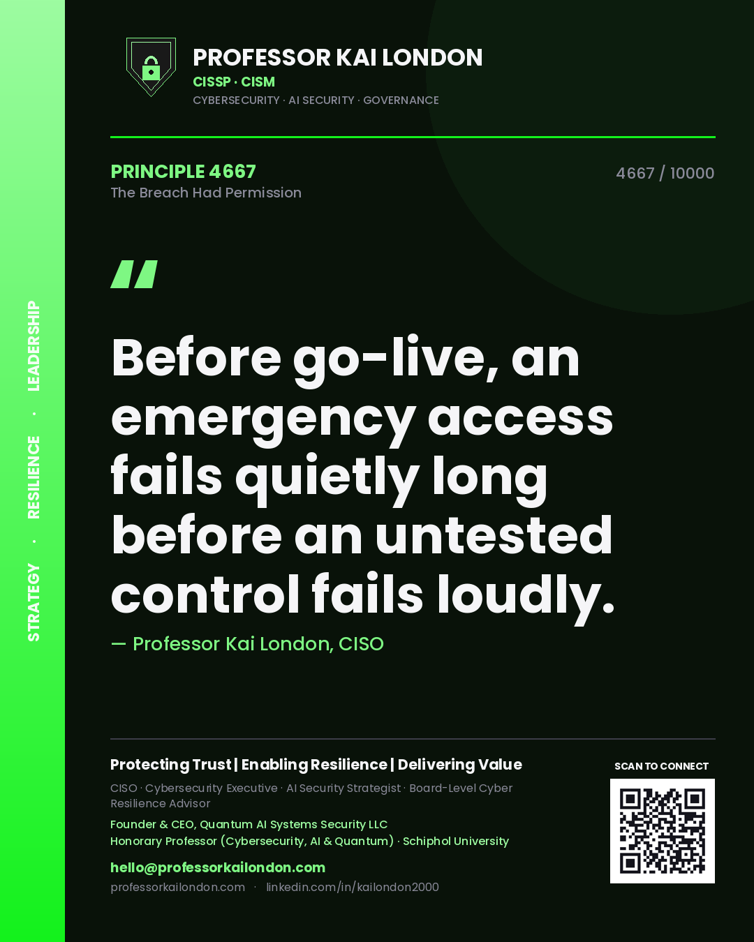 Quote card by Professor Kai London reading 'Before go-live, an emergency access fails quietly long before an untested control fails loudly.'. From the book The Breach Had Permission.