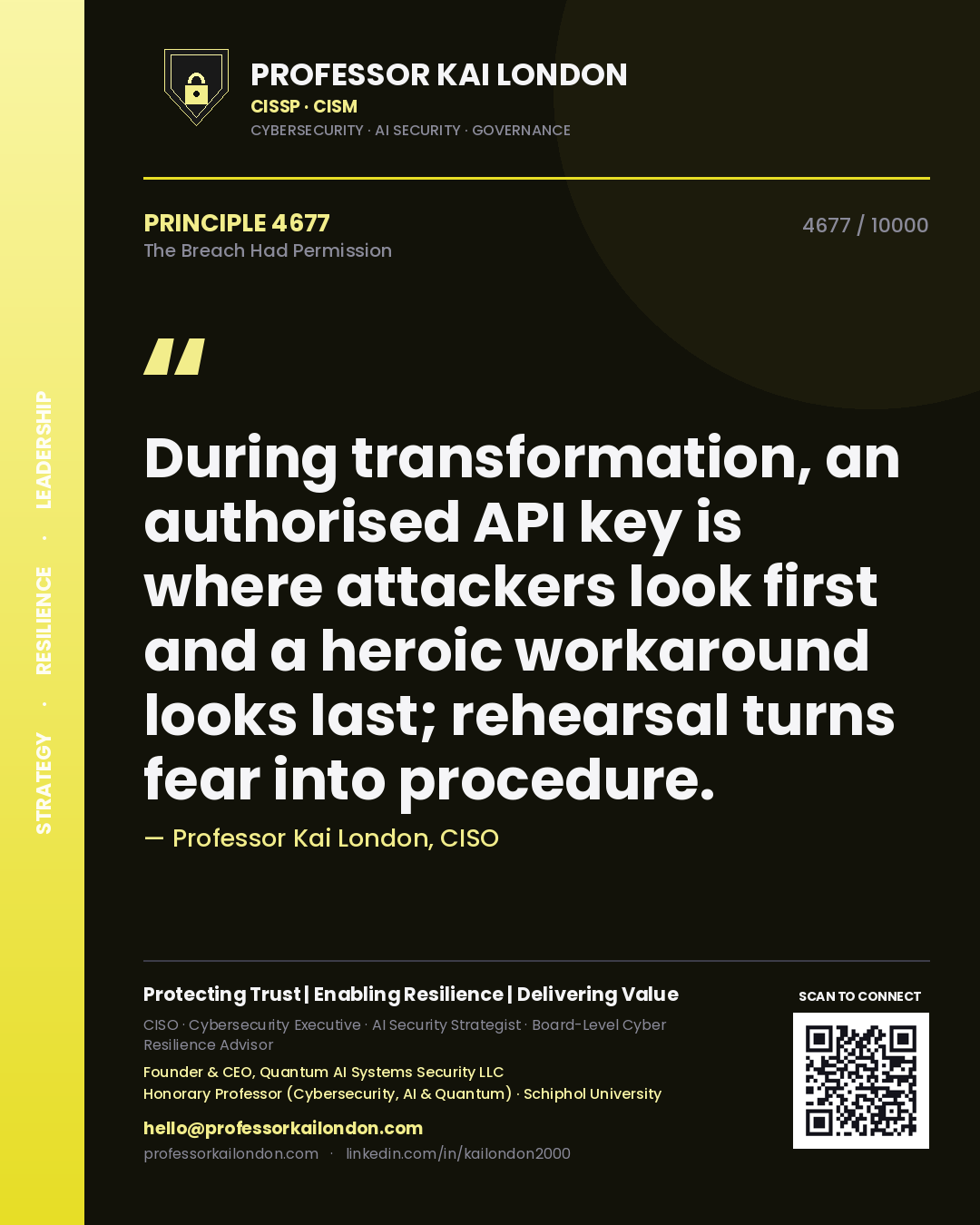 Quote card by Professor Kai London reading 'During transformation, an authorised API key is where attackers look first and a heroic workaround looks last; rehearsal turns fear into procedure.'. From the book The Breach Had Permission.