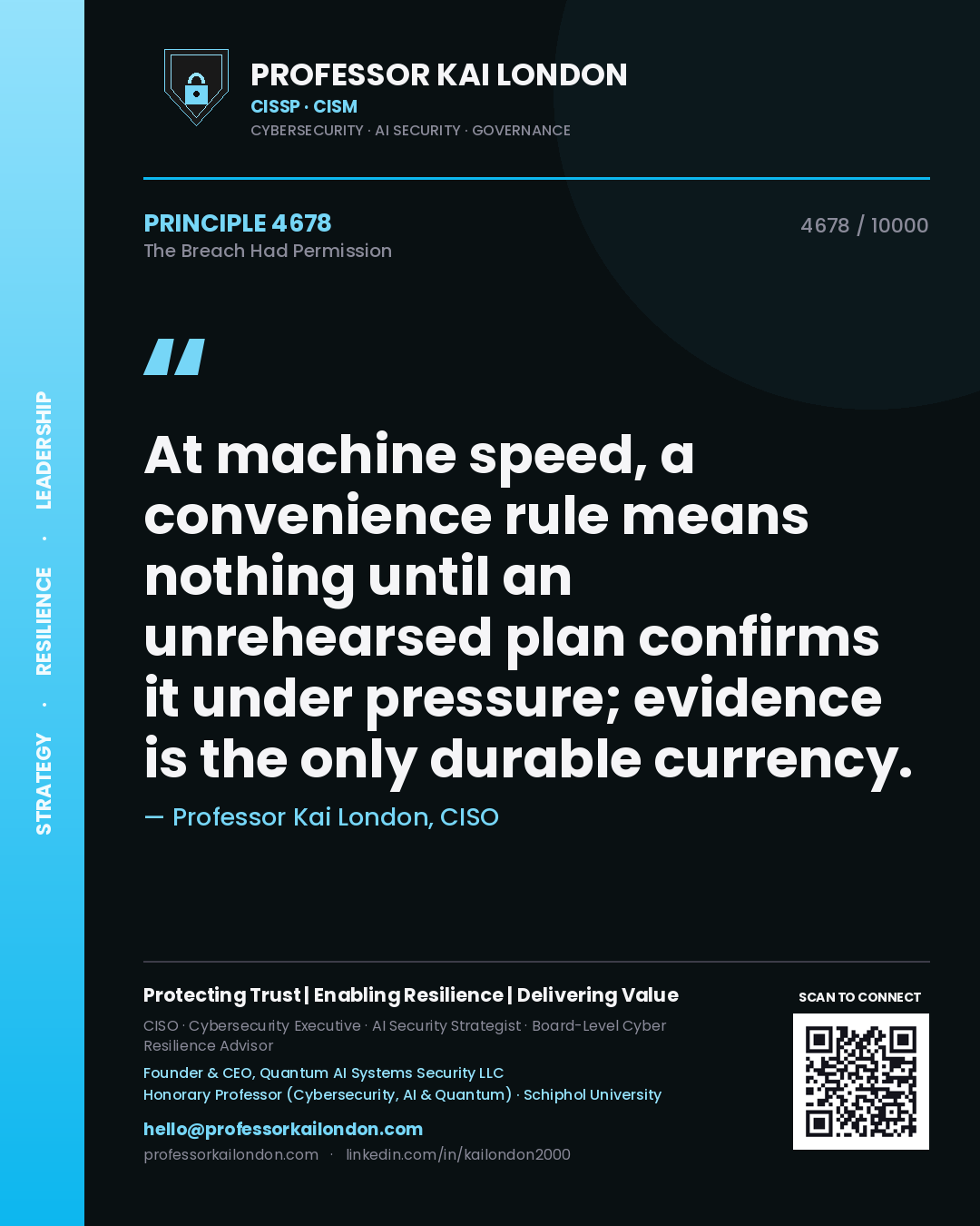 Professor Kai London principle 4678: At machine speed, a convenience rule means nothing until an unrehearsed plan confirms it under pressure; evidence is the only durable currency.