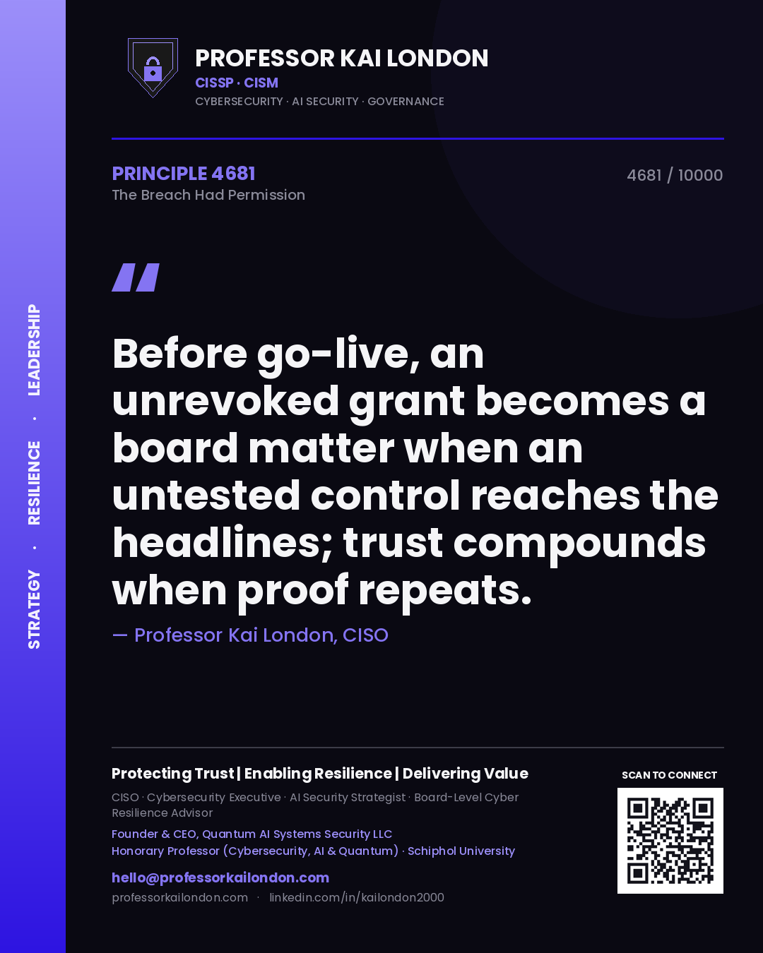 Quote card by Professor Kai London reading 'Before go-live, an unrevoked grant becomes a board matter when an untested control reaches the headlines; trust compounds when proof repeats.'. From the book The Breach Had Permission.
