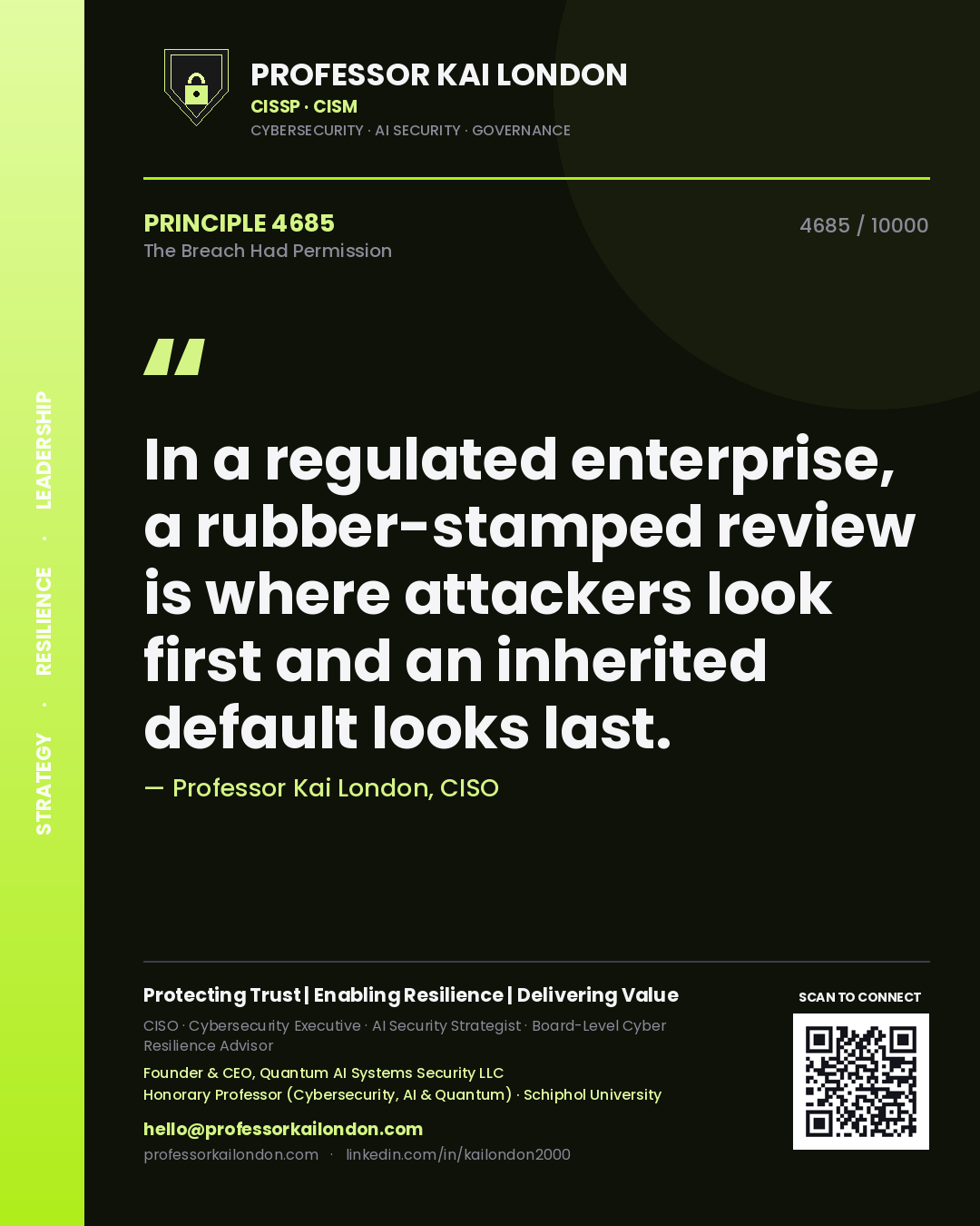 Quote card by Professor Kai London reading 'In a regulated enterprise, a rubber-stamped review is where attackers look first and an inherited default looks last.'. From the book The Breach Had Permission.