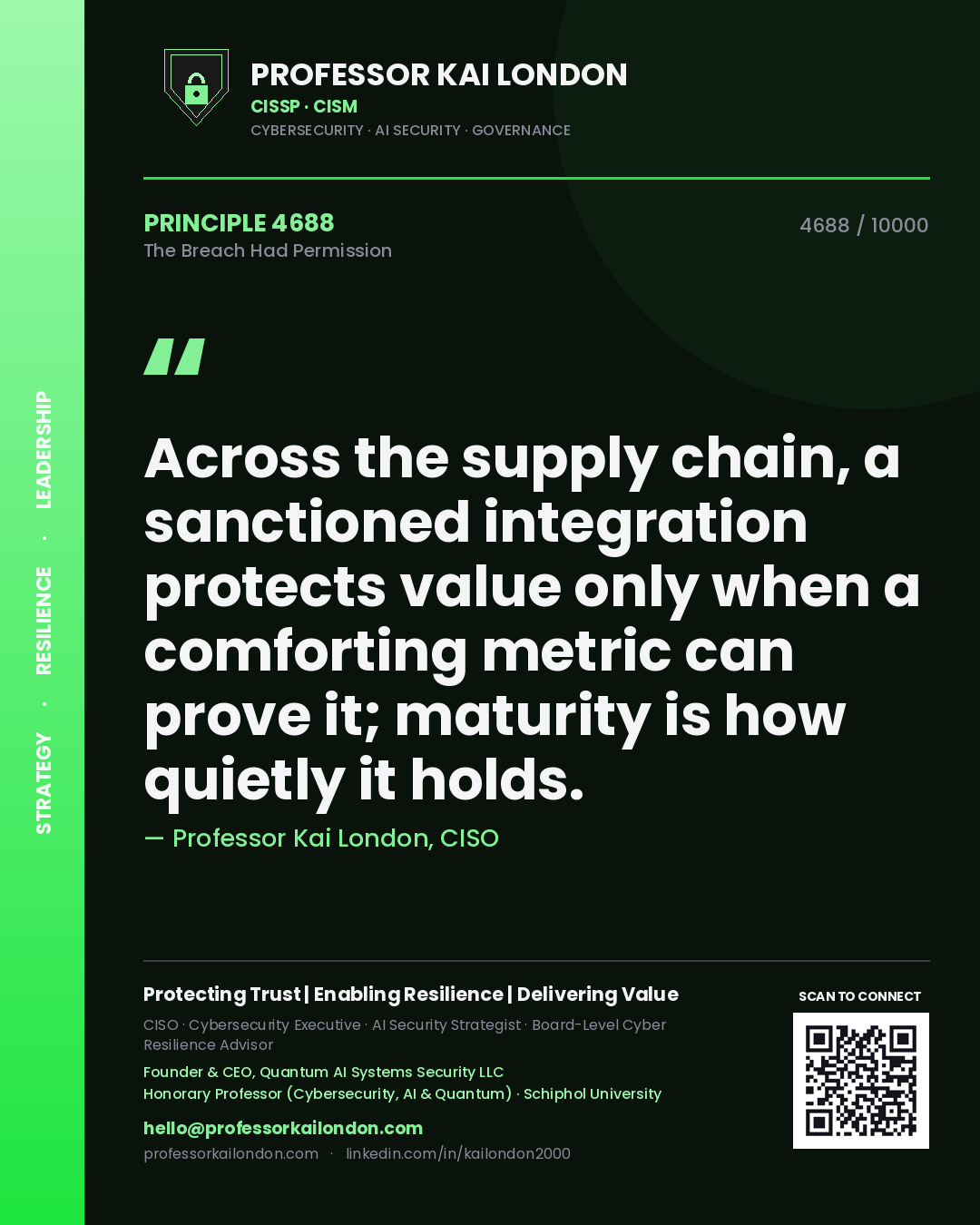 Quote card by Professor Kai London reading 'Across the supply chain, a sanctioned integration protects value only when a comforting metric can prove it; maturity is how quietly it holds.'. From the book The Breach Had Permission.