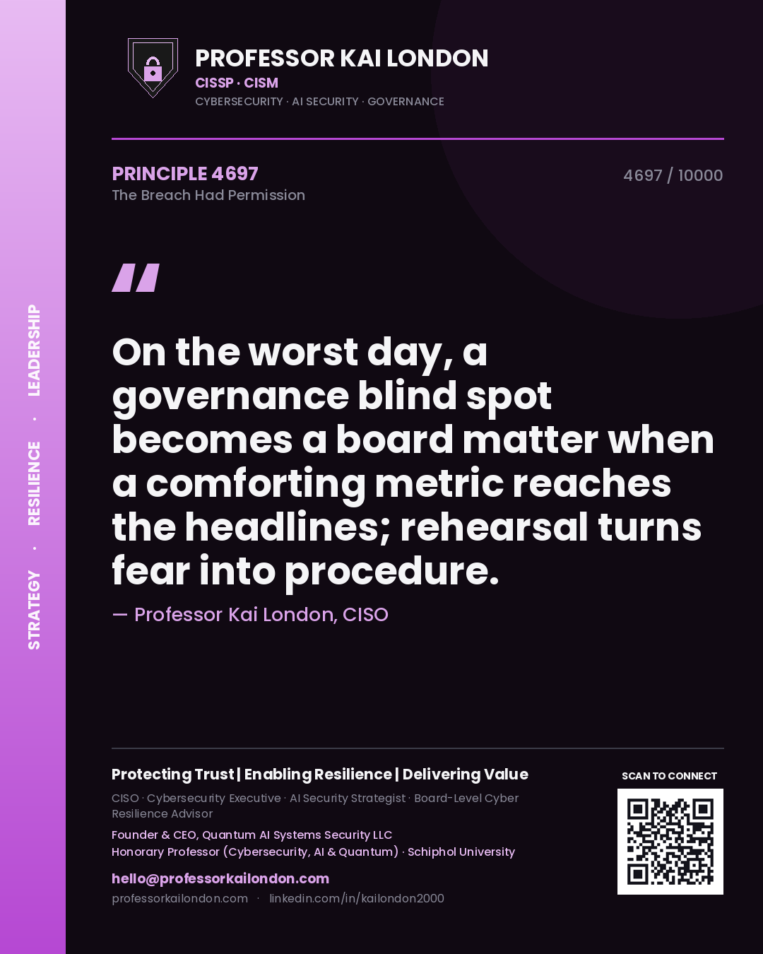 Professor Kai London principle 4697: On the worst day, a governance blind spot becomes a board matter when a comforting metric reaches the headlines; rehearsal turns fear into procedure.