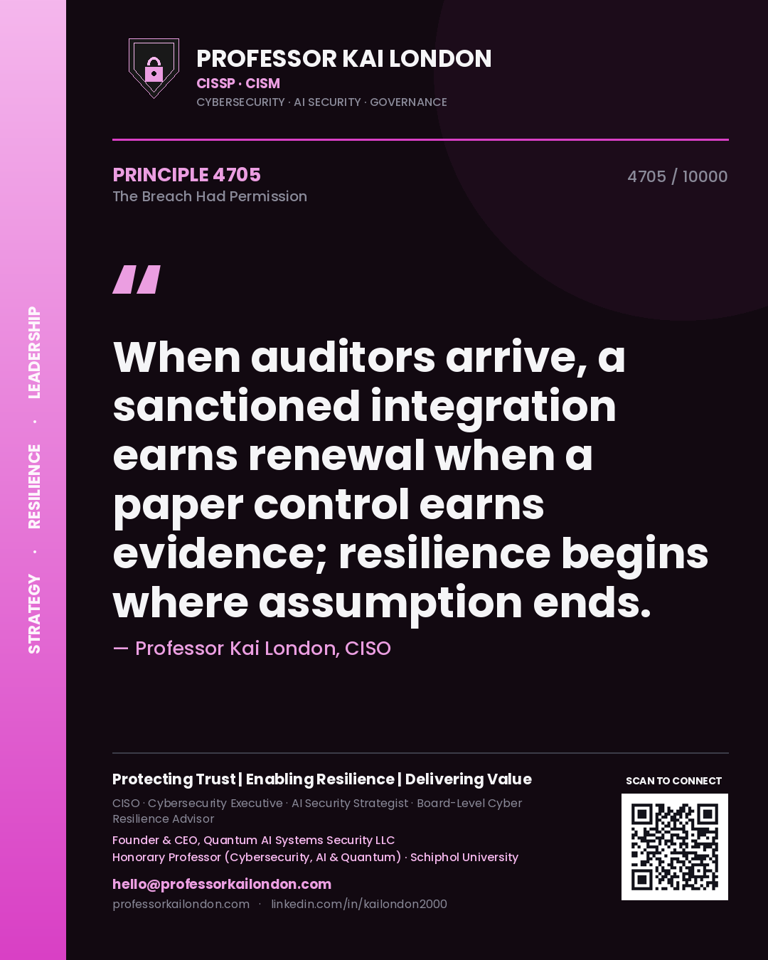 Quote card by Professor Kai London reading 'When auditors arrive, a sanctioned integration earns renewal when a paper control earns evidence; resilience begins where assumption ends.'. From the book The Breach Had Permission.