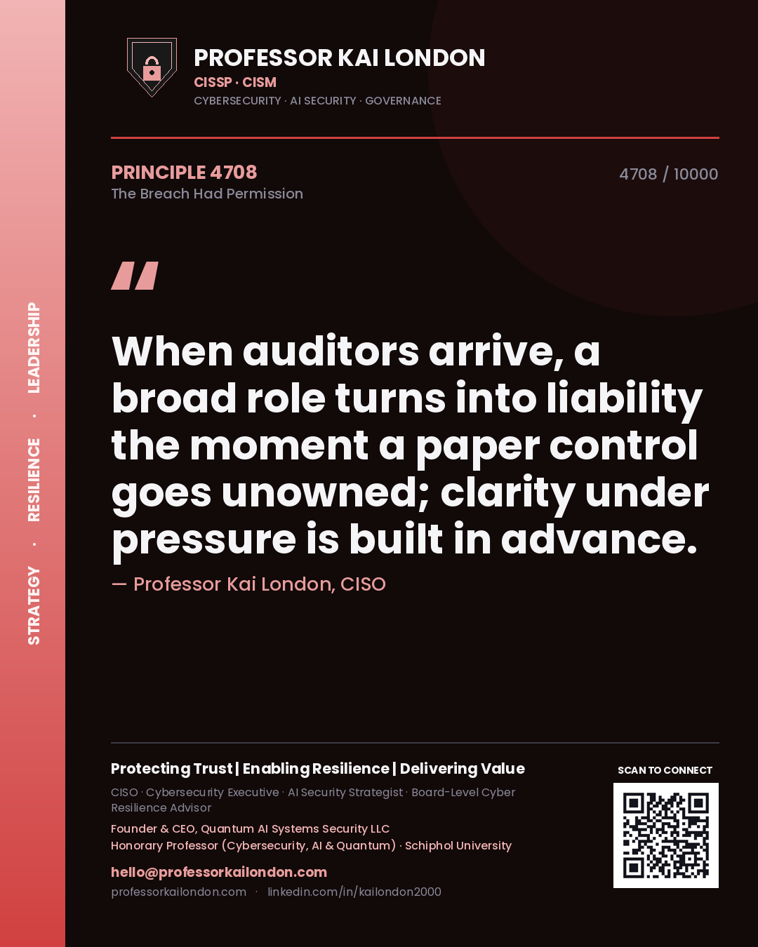 Professor Kai London principle 4708: When auditors arrive, a broad role turns into liability the moment a paper control goes unowned; clarity under pressure is built in advance.