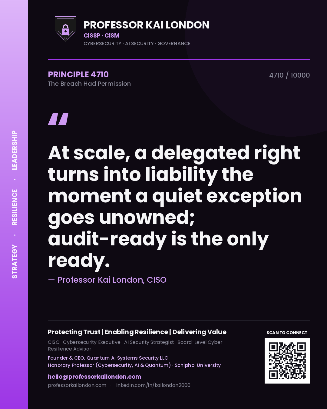 Quote card by Professor Kai London reading 'At scale, a delegated right turns into liability the moment a quiet exception goes unowned; audit-ready is the only ready.'. From the book The Breach Had Permission.