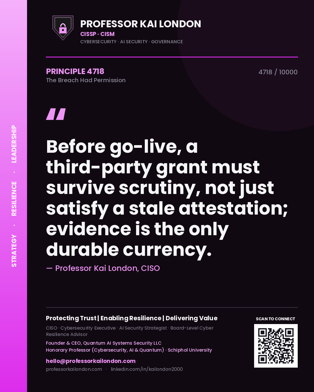 Professor Kai London principle 4718: Before go-live, a third-party grant must survive scrutiny, not just satisfy a stale attestation; evidence is the only durable currency.