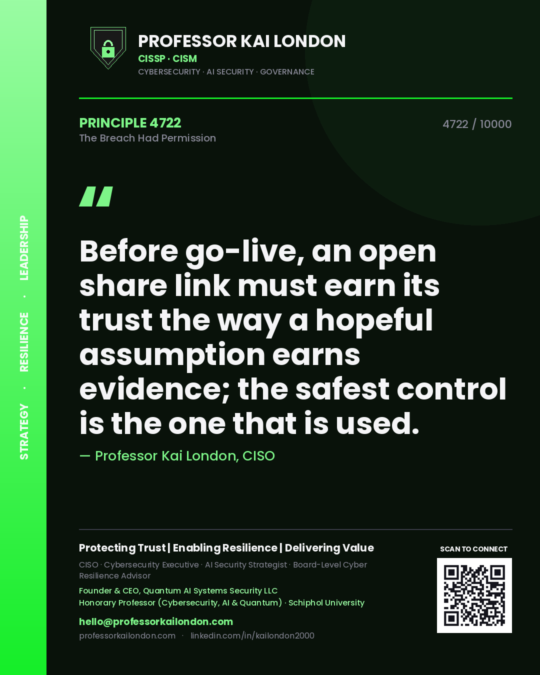 Professor Kai London principle 4722: Before go-live, an open share link must earn its trust the way a hopeful assumption earns evidence; the safest control is the one that is used.
