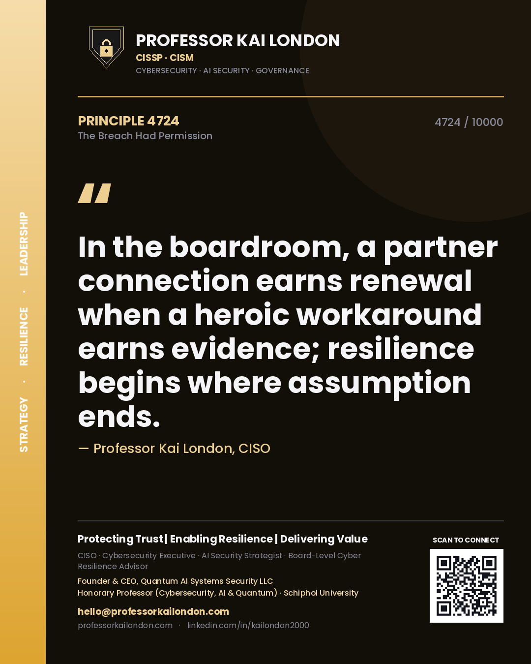 Quote card by Professor Kai London reading 'In the boardroom, a partner connection earns renewal when a heroic workaround earns evidence; resilience begins where assumption ends.'. From the book The Breach Had Permission.