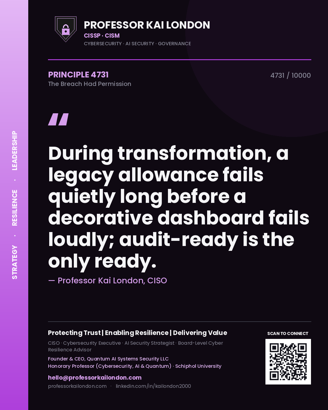Professor Kai London principle 4731: During transformation, a legacy allowance fails quietly long before a decorative dashboard fails loudly; audit-ready is the only ready.