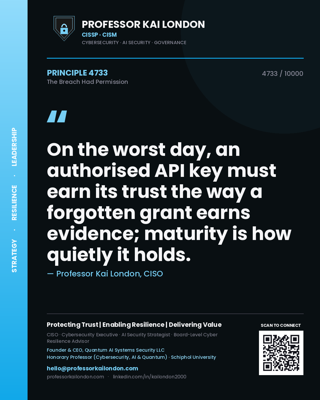 Professor Kai London principle 4733: On the worst day, an authorised API key must earn its trust the way a forgotten grant earns evidence; maturity is how quietly it holds.
