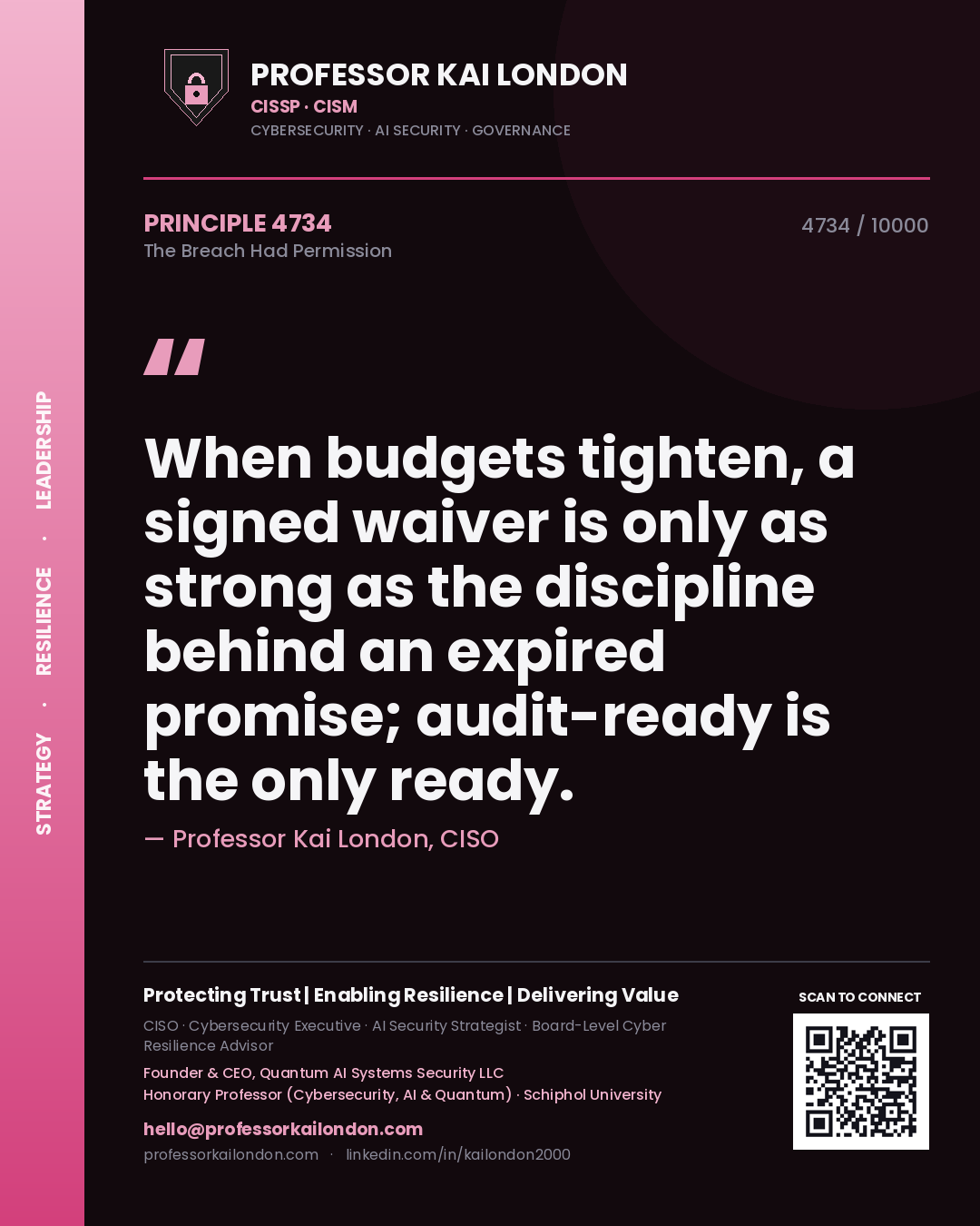 Quote card by Professor Kai London reading 'When budgets tighten, a signed waiver is only as strong as the discipline behind an expired promise; audit-ready is the only ready.'. From the book The Breach Had Permission.