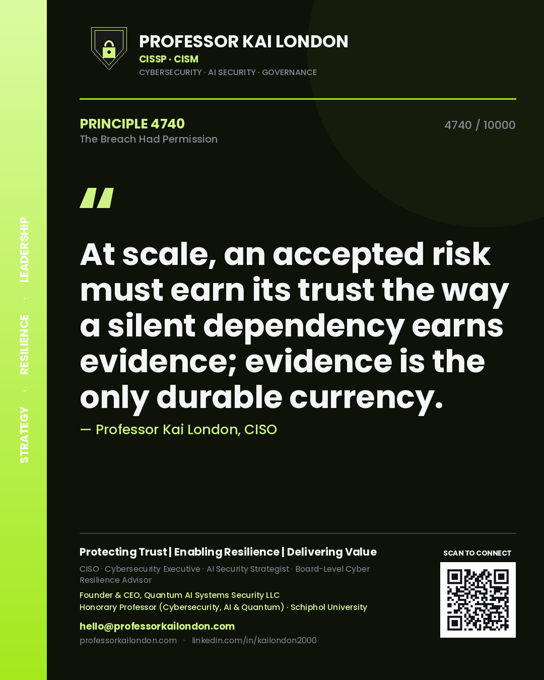 Professor Kai London principle 4740: At scale, an accepted risk must earn its trust the way a silent dependency earns evidence; evidence is the only durable currency.