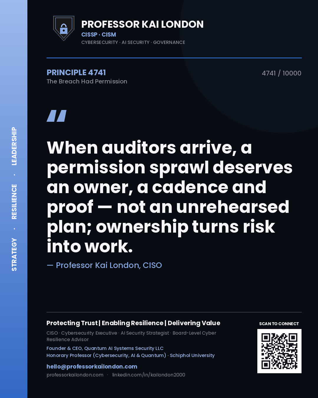Professor Kai London principle 4741: When auditors arrive, a permission sprawl deserves an owner, a cadence and proof — not an unrehearsed plan; ownership turns risk into work.
