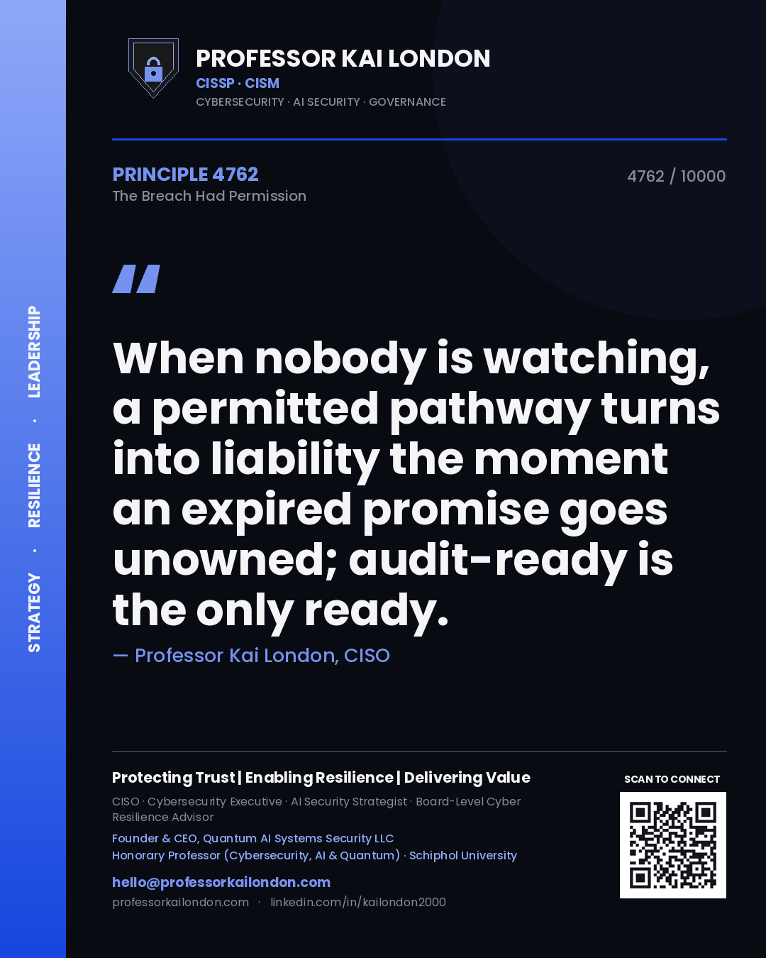 Quote card by Professor Kai London reading 'When nobody is watching, a permitted pathway turns into liability the moment an expired promise goes unowned; audit-ready is the only ready.'. From the book The Breach Had Permission.