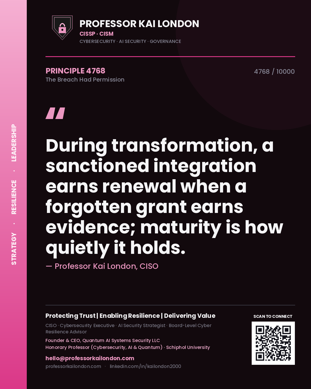 Quote card by Professor Kai London reading 'During transformation, a sanctioned integration earns renewal when a forgotten grant earns evidence; maturity is how quietly it holds.'. From the book The Breach Had Permission.