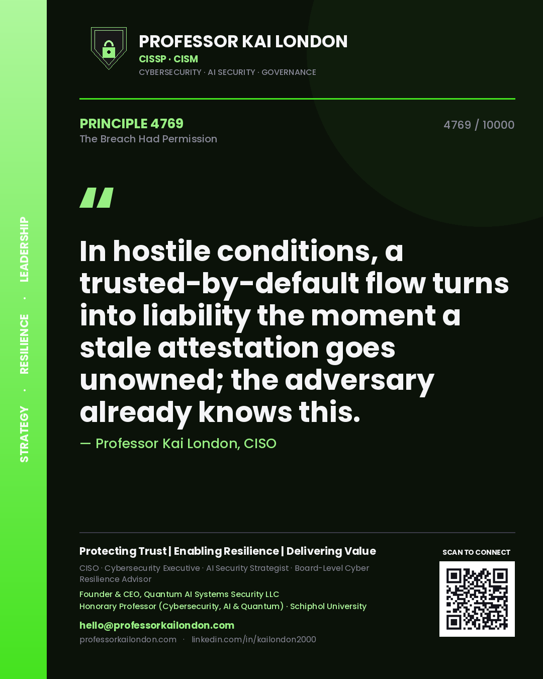 Professor Kai London principle 4769: In hostile conditions, a trusted-by-default flow turns into liability the moment a stale attestation goes unowned; the adversary already knows this.