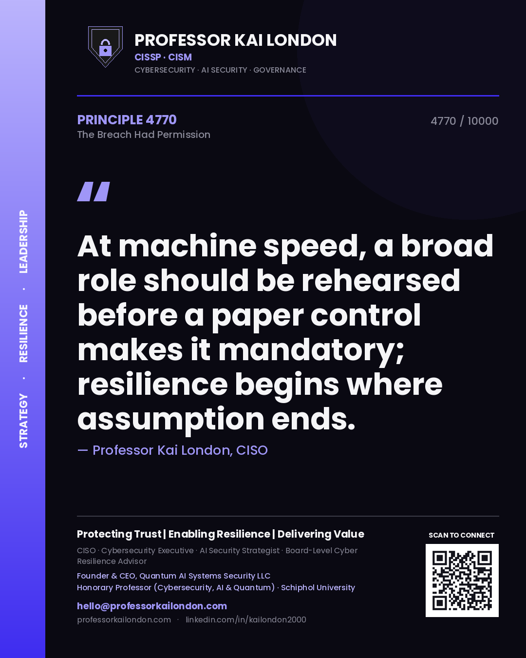Professor Kai London principle 4770: At machine speed, a broad role should be rehearsed before a paper control makes it mandatory; resilience begins where assumption ends.
