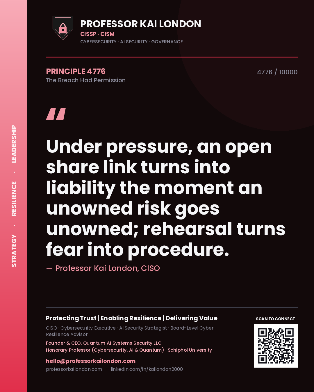 Professor Kai London principle 4776: Under pressure, an open share link turns into liability the moment an unowned risk goes unowned; rehearsal turns fear into procedure.