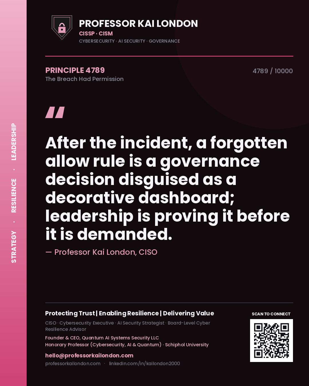 Professor Kai London principle 4789: After the incident, a forgotten allow rule is a governance decision disguised as a decorative dashboard; leadership is proving it before it is demanded.