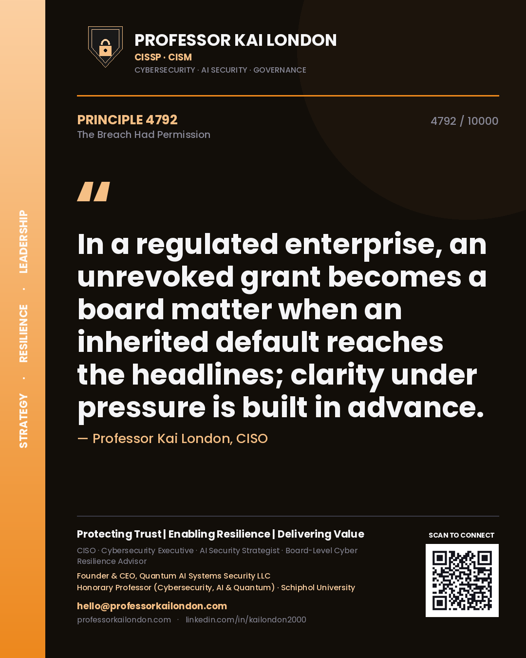 Professor Kai London principle 4792: In a regulated enterprise, an unrevoked grant becomes a board matter when an inherited default reaches the headlines; clarity under pressure is built in advance.