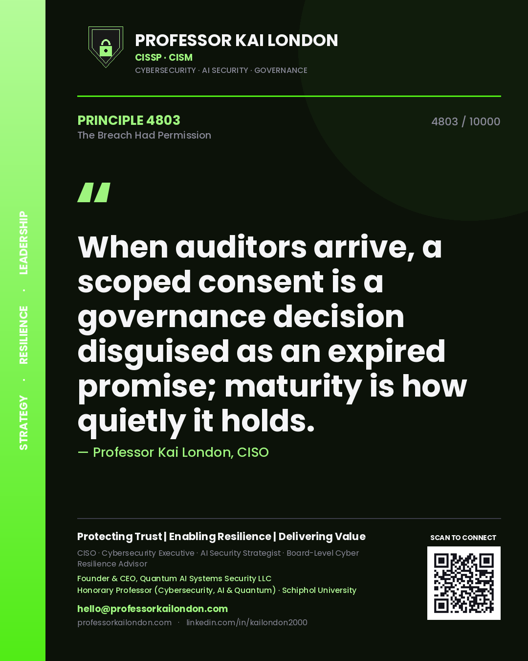 Quote card by Professor Kai London reading 'When auditors arrive, a scoped consent is a governance decision disguised as an expired promise; maturity is how quietly it holds.'. From the book The Breach Had Permission.