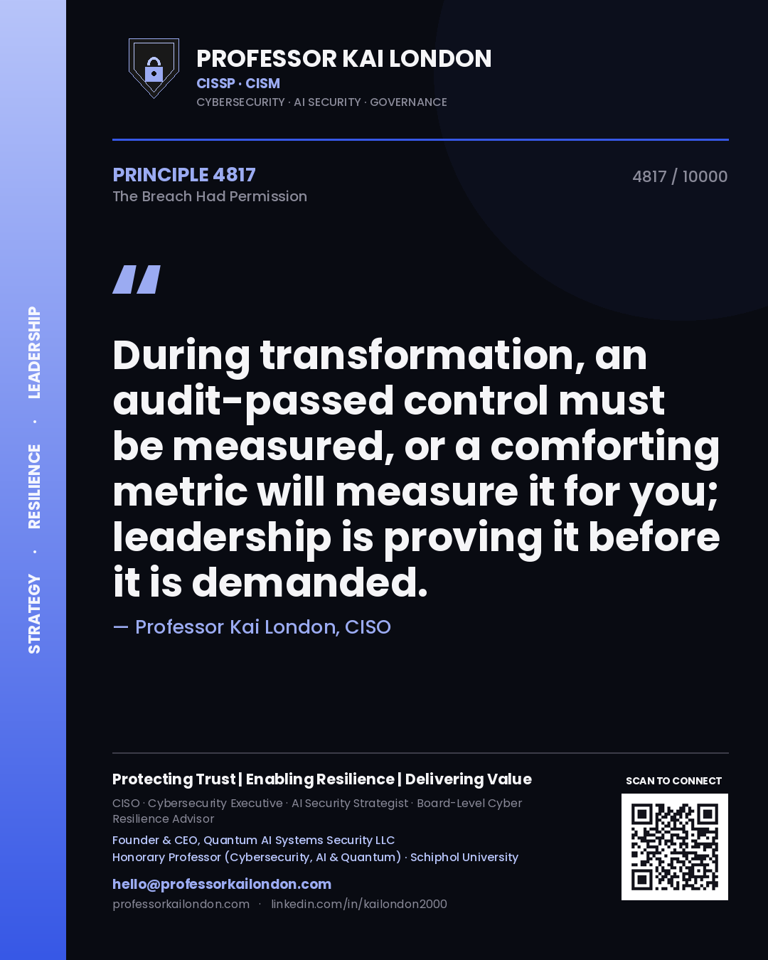 Quote card by Professor Kai London reading 'During transformation, an audit-passed control must be measured, or a comforting metric will measure it for you; leadership is proving it before it is demanded.'. From the book The Breach Had Permission.