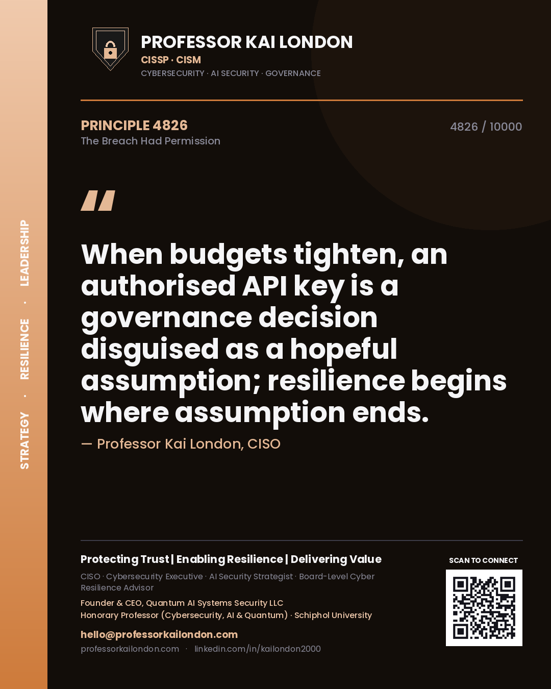 Professor Kai London principle 4826: When budgets tighten, an authorised API key is a governance decision disguised as a hopeful assumption; resilience begins where assumption ends.