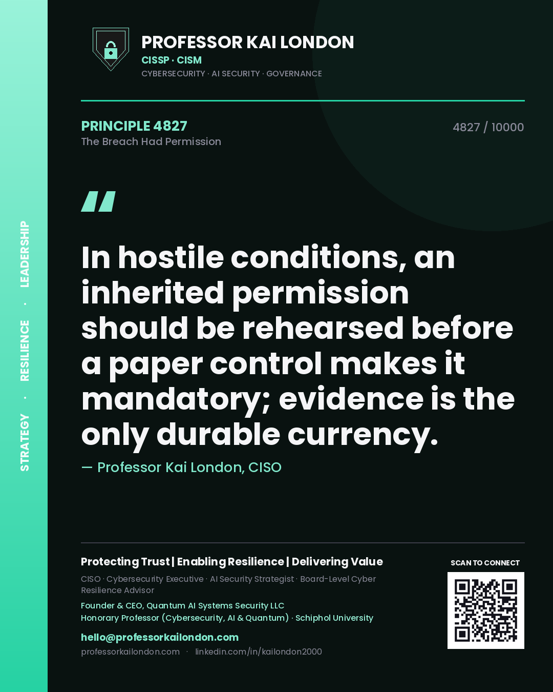 Quote card by Professor Kai London reading 'In hostile conditions, an inherited permission should be rehearsed before a paper control makes it mandatory; evidence is the only durable currency.'. From the book The Breach Had Permission.