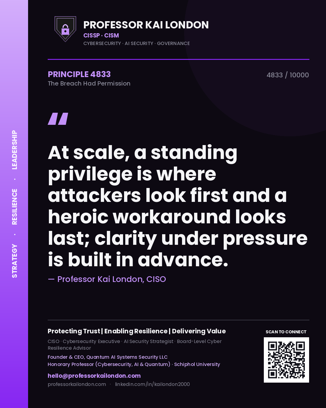 Professor Kai London principle 4833: At scale, a standing privilege is where attackers look first and a heroic workaround looks last; clarity under pressure is built in advance.