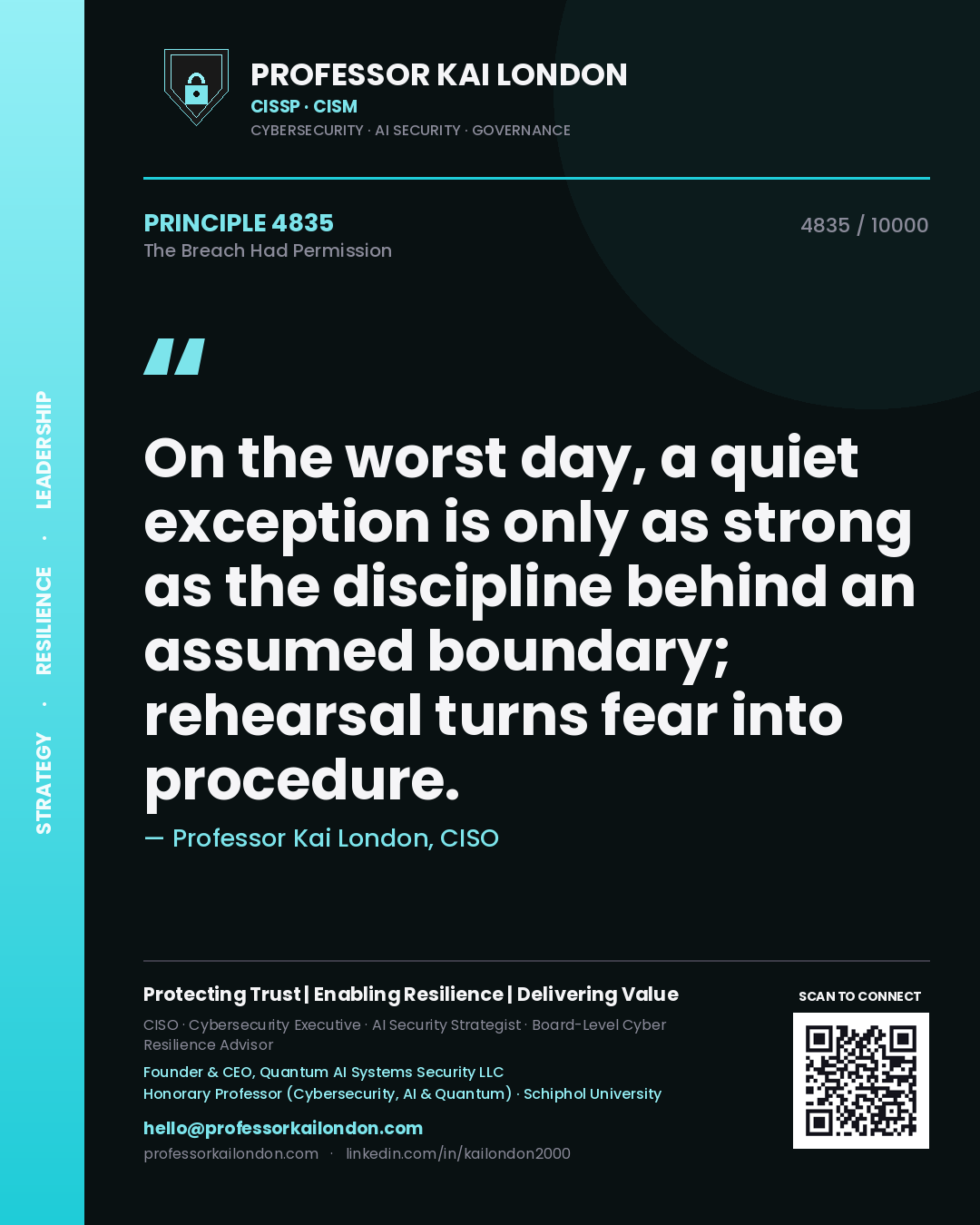 Quote card by Professor Kai London reading 'On the worst day, a quiet exception is only as strong as the discipline behind an assumed boundary; rehearsal turns fear into procedure.'. From the book The Breach Had Permission.